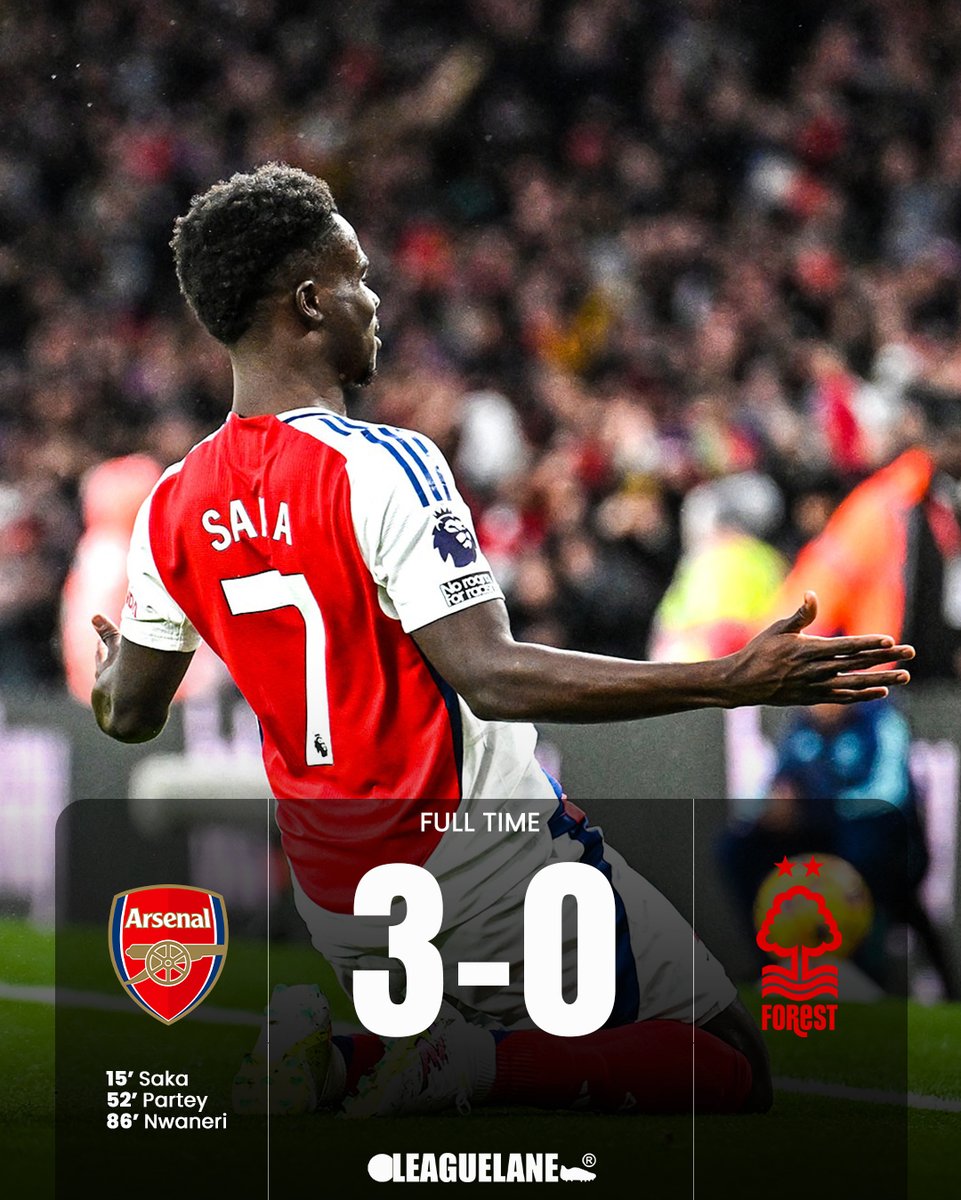 LeagueLane's tweet photo. Arsenal clipped Nottingham Forest's wings at home, soaring to a 3-0 victory thanks to goals from Saka, Partey, and the young sensation Nwaneri.

#saka #arsenal #partey #nwaneri https://t.co/pPcYTCVHya