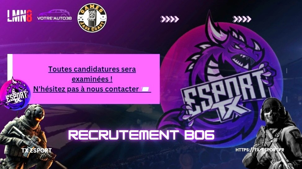 La TX Esport ⚫🟣 à pour objectif de créer 2 équipes BO6 ⚔️ et d’aller le plus haut et loin possible ensemble! 
C’est donc pour cela que nous recherchons :
Un manager, un coach, 2 chefs d’équipes, 8 joueurs ainsi que des remplaçants.

Majeur, sérieux et long terme attendu. #BO6