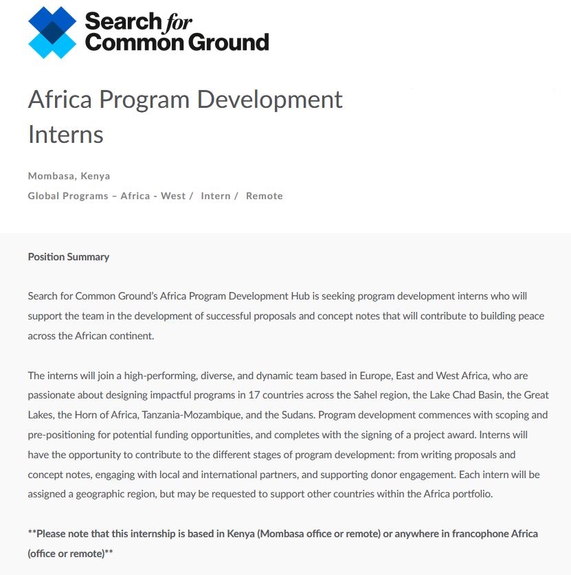 Lawyerin4Africa's tweet photo. Search for Common Ground Africa Program Development Interns
Deadline: Nov 30
https://t.co/1HWkZVx8aF
Note: Interns will receive modest stipends in line with local pay regulations. https://t.co/yWrLfECgHJ