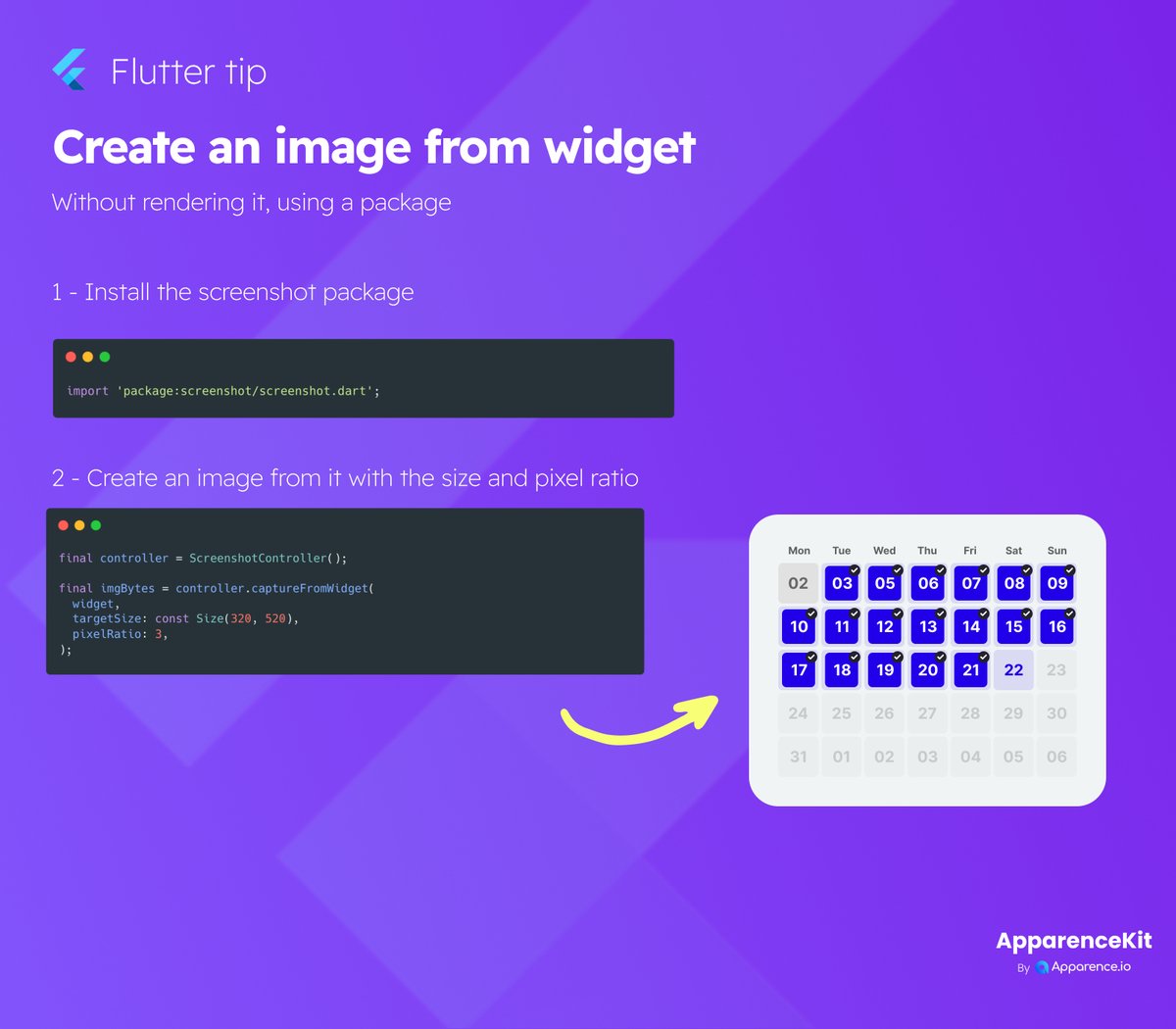 mcflyDev's tweet photo. 🧐 Flutter tips
Easily create an image from a widget without rendering it on screen

#flutterdev #flutter #fluttertips https://t.co/JuNC0HtJQ9