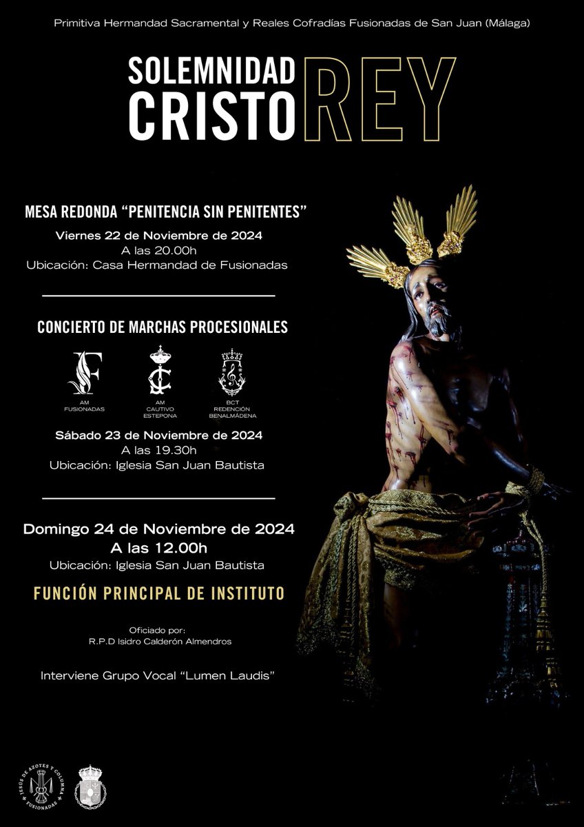 Mañana, festividad de #CristoRey, cantamos en la función principal y besapiés de Jesús de Azotes <a href="/rcfusionadas/">Cofradías Fusionadas</a> a las 12h en la Parroquia de San Juan #Malaga
