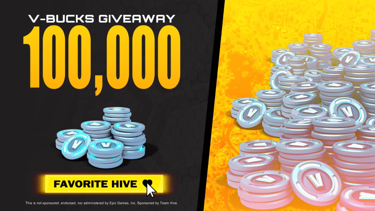 100K V-BUCKS GIVEAWAY | #Fortnite

To celebrate OG returning, <a href="/HiveCr8/">Team Hive</a> is sponsoring a giveaway!

 TO ENTER:
✅ Favorite HIVE in Fortnite here: fortnite.com/@hive
💬 Reply with a screenshot of proof!
❤️ Like &amp; Repost this Post

1 WINNER | ENDS IN 4 DAYS