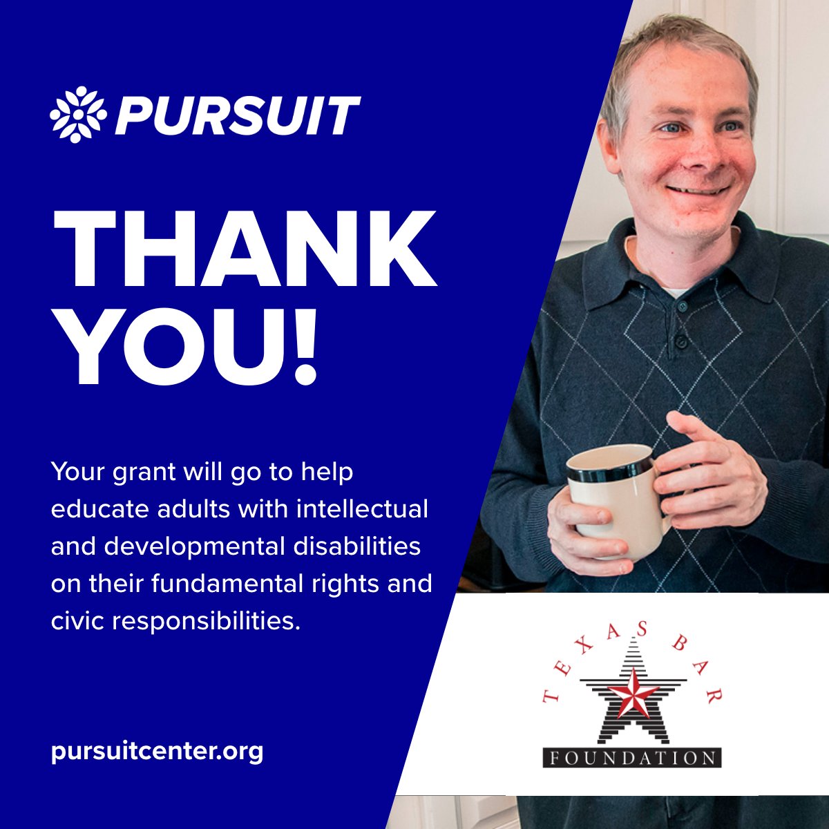 PursuitCenterTX's tweet photo. @TheCenterHOU is honored to recently receive a $15,000 grant from the @txbforg to expand and implement an innovative educational program to help educate individuals with intellectual and developmental disabilities (#IDD) about their fundamental rights and civic resonsibilities. https://t.co/ahGT1jxJRr