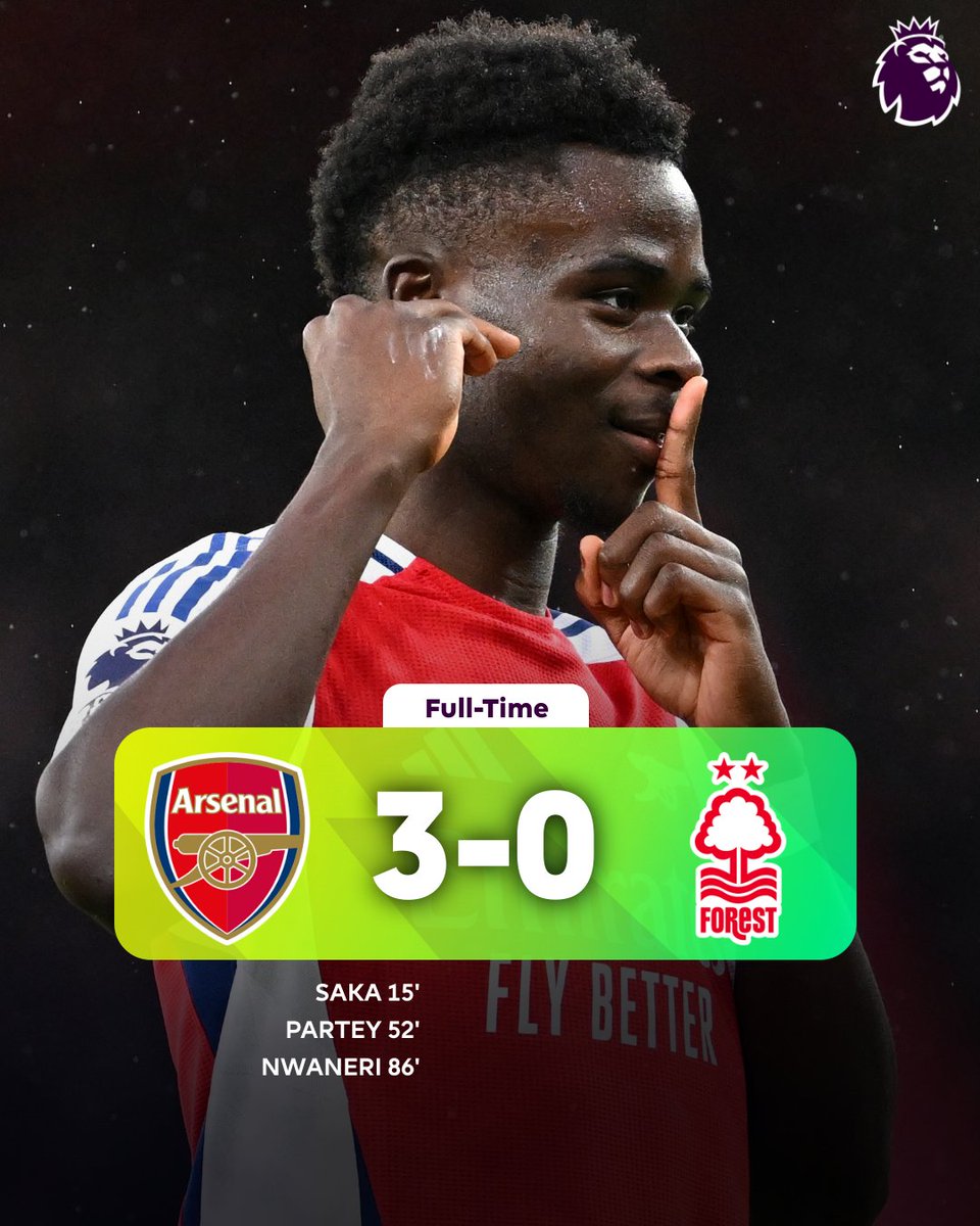 shoaibkayani45's tweet photo. Arsenal win by 3-0 against Nottingham forest in today's match.
One goal by saka, one by partey and Nwaneri. 
#ARSNOF #ARSNOT https://t.co/1ezAnHTXsC