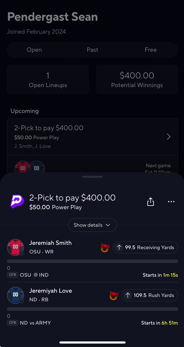 SeanTPendergast's tweet photo. Going with the all-Jeremiah two man @PrizePicks lineup today. LFG!
Download PP app, use my code 610 and $50 instantly when you put in a $5 lineup!
LINK: https://t.co/embVdHor0l #ad #RunYourGame https://t.co/olyLpwfvnr