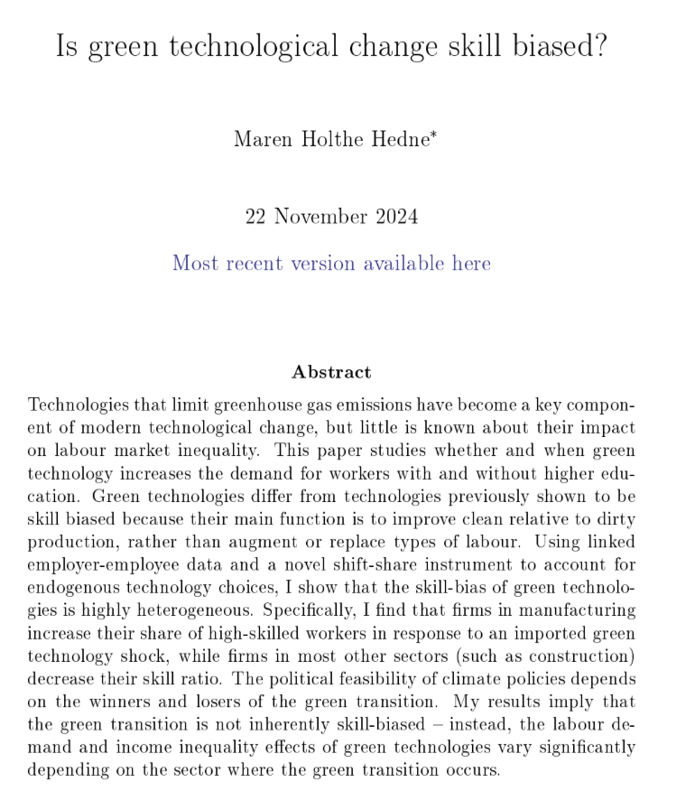 Are low-skilled workers the losers of the green transition? In my JMP, I ask whether green technology is skill biased. A thread 👇 (1/4)

marenhedne.com/research/