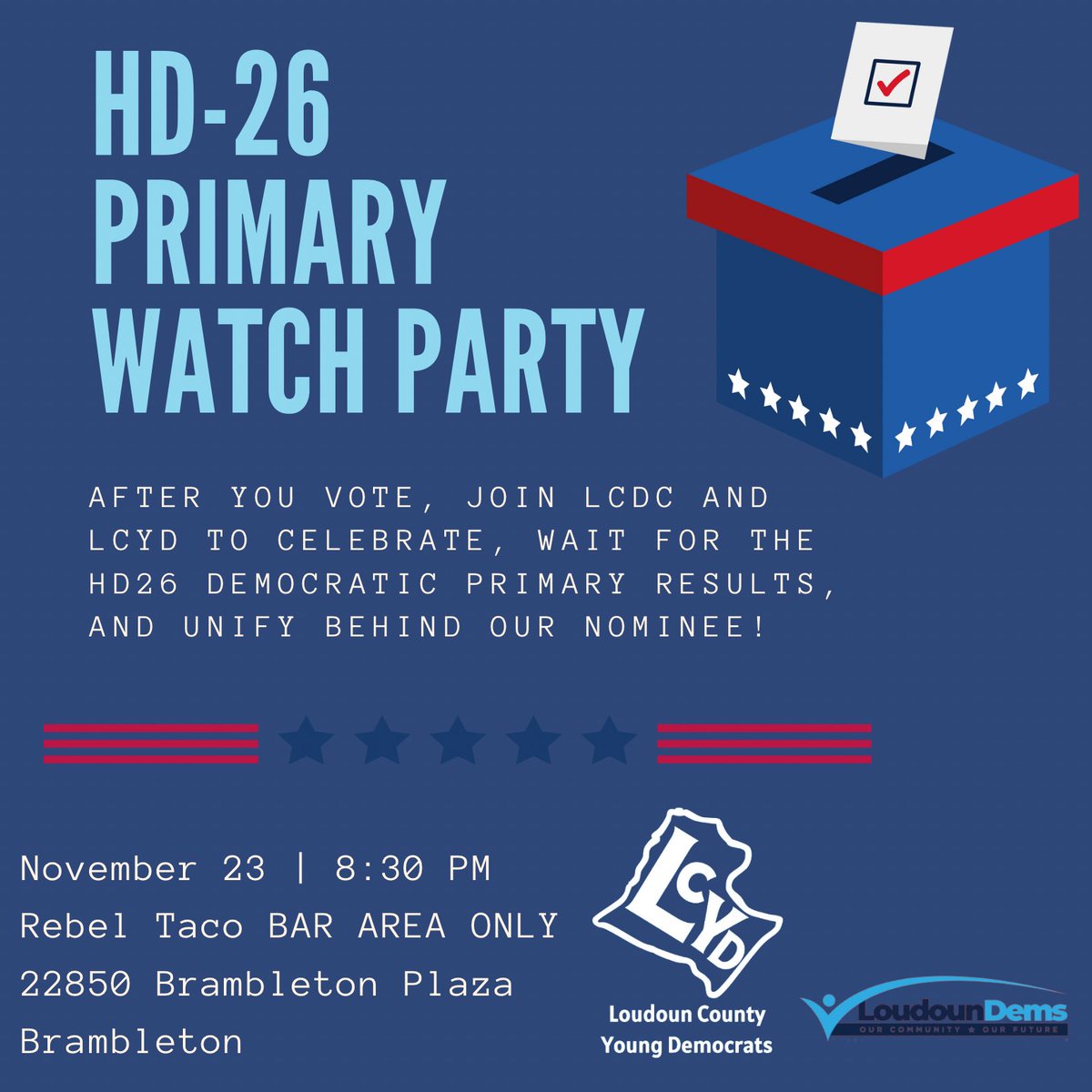 anneforatlarge's tweet photo. Today’s the day! 🗳️ The HD26 Democratic Primary is 9 AM-4 PM! I’m proudly supporting @SinghforVA. If you live in HD26, vote at Creightons Corner, Liberty, or Cardinal Ridge Elementary. Then join LCDC &amp; @LoCoyoungdems at Rebel Taco to celebrate &amp; wait for results! 💙 https://t.co/3Gwx8Yy07U