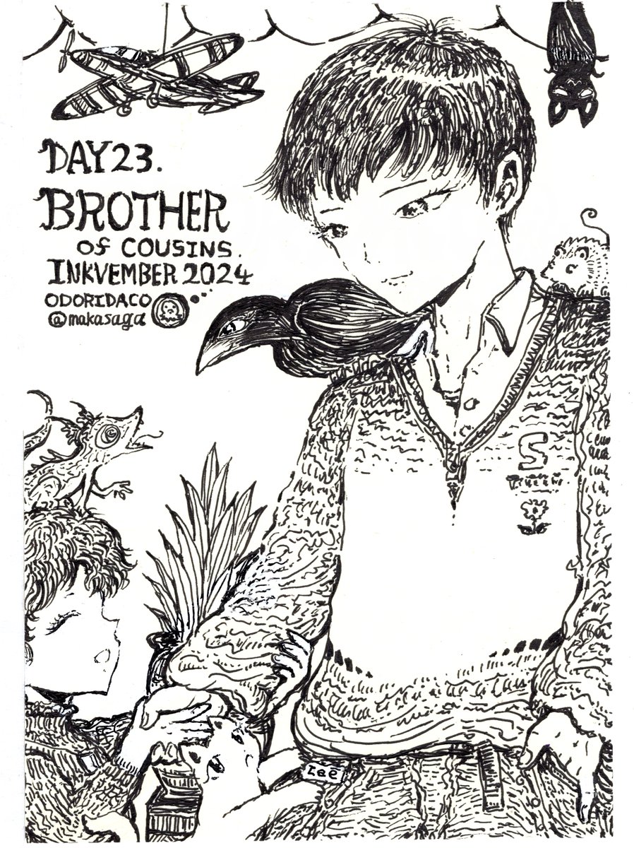 makasaga's tweet photo. きのうのインクベンバー23日目👨🦱<ヨッ!ゲンキ?
お題は『お兄さん(BROTHER)』
#いい兄さんの日 ってことで、「たまにしか会わない大学生のいとこのお兄ちゃん」描いてみた☺️
何でも知ってて頼りになる子どもの味方てきな…つまりは『スネキチ兄さん』ですねw💕
#アナログ絵 #ペン画 #inkvember https://t.co/nJV12YqelE