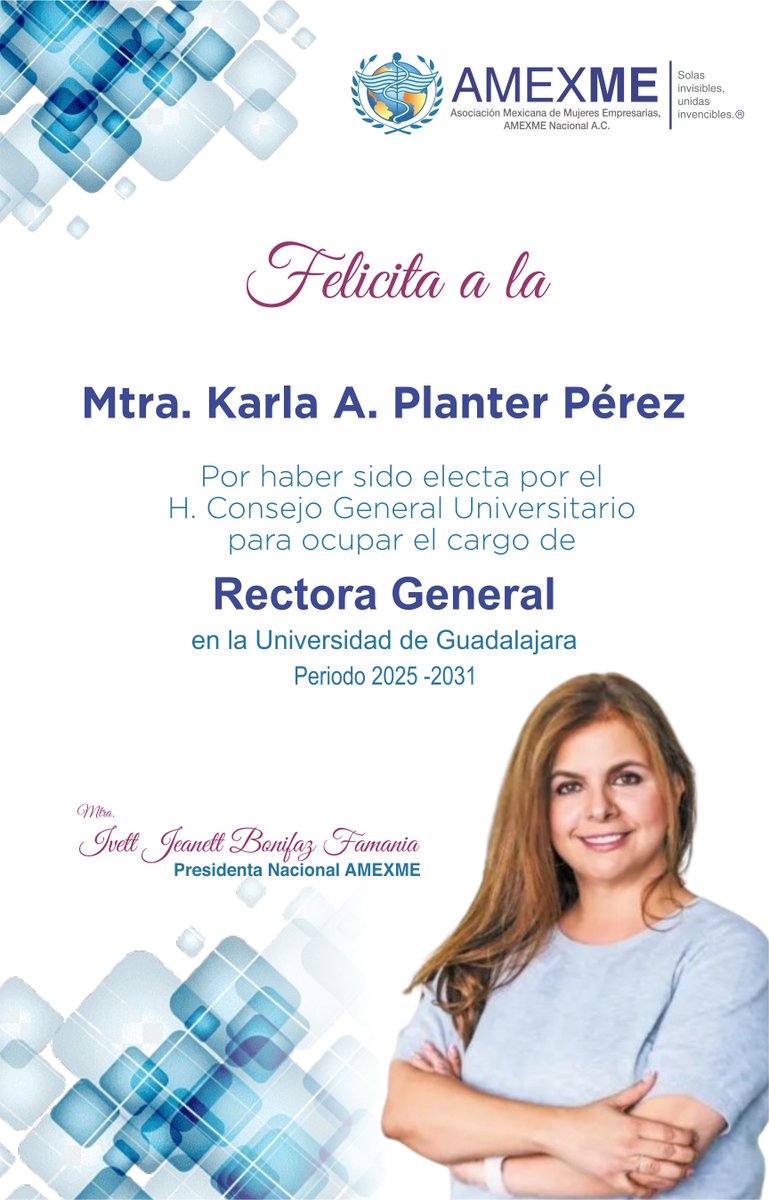 AMEXME NACIONAL (@amexme) on Twitter photo Felicitamos a la Mtra. Karla Planter Pérez (<a href="/KarlaPlanter1/">Karla Planter</a> ) Por ser la primera mujer Rectora General de la Universidad de Guadalajara, para el periodo 2025-2031.
Deseamos éxito en su gestión. Felicitamos a la Mtra. Karla Planter Pérez (<a href="/KarlaPlanter1/">Karla Planter</a> ) Por ser la primera mujer Rectora General de la Universidad de Guadalajara, para el periodo 2025-2031.
Deseamos éxito en su gestión.