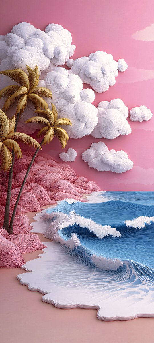 Halleyapps's tweet image. Fantasy digital landscape of a tropical beach in pastel tones.
