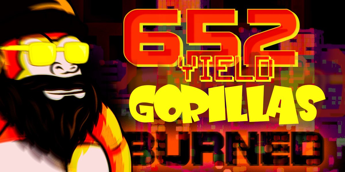 652 #YieldGorillas have been burned 🫡

Monthly buy &amp; burn 💰+🔥
= 10% of revenue gets used to 🧹

Each month, YG holders
• get epoch rewards in $ATOM ⚛️
• participate in #YieldRaffle (10% of revenue goes to 3 holders) 🎟️

Get YGs on <a href="/StargazeZone/">Stargaze ✨🔭</a>:
stargaze.zone/m/yieldgorilla… 🦧