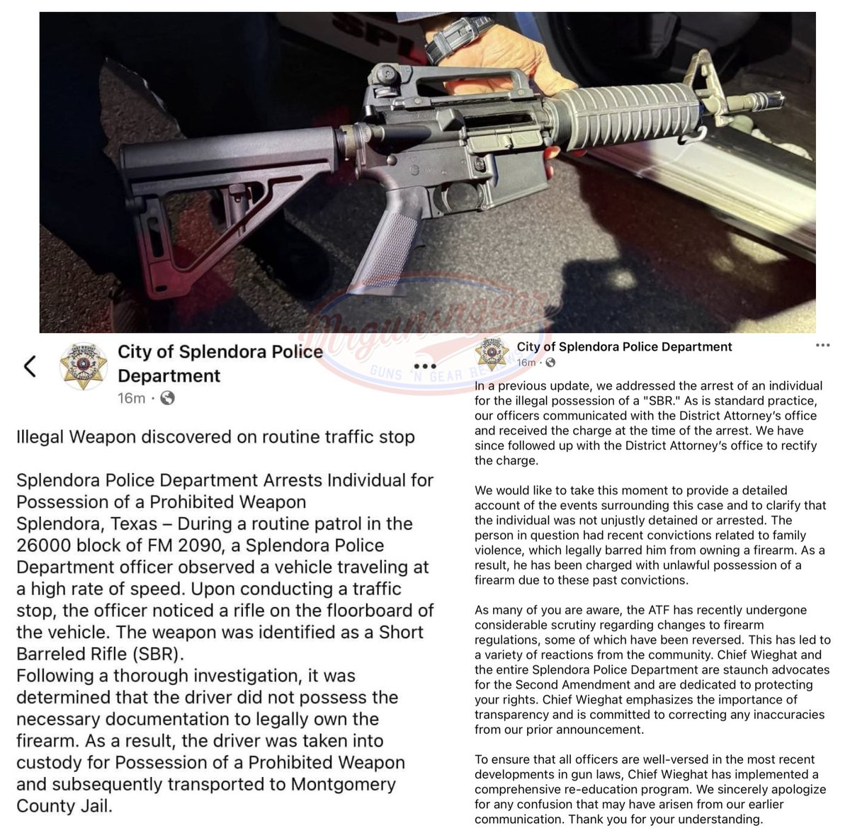 Mrgunsngear's tweet photo. Let's check in on the Splendora, Texas Police Department... 🤨
1st post on the left. Follow up post on the right after the public informed them what a brace was in the comments of post #1.
#police #splendora #texas #magpul #brace https://t.co/zj2vRf8EPM