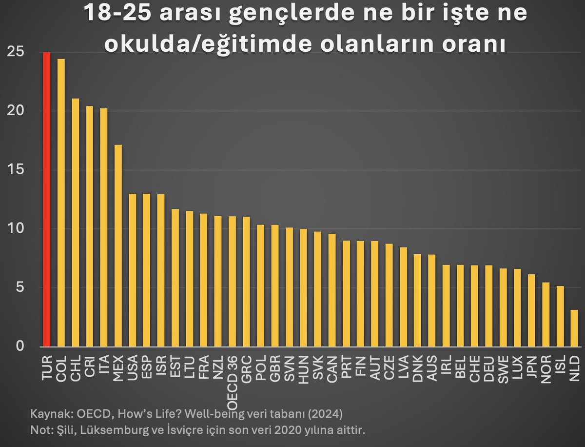 OECD veri tabanında yer alan ülkeler içinde, çalışmayan ve herhangi bir  eğitimde olmayan, yani halk diliyle” boş gezen” genç oranının en yüksek olduğu yer Türkiye.