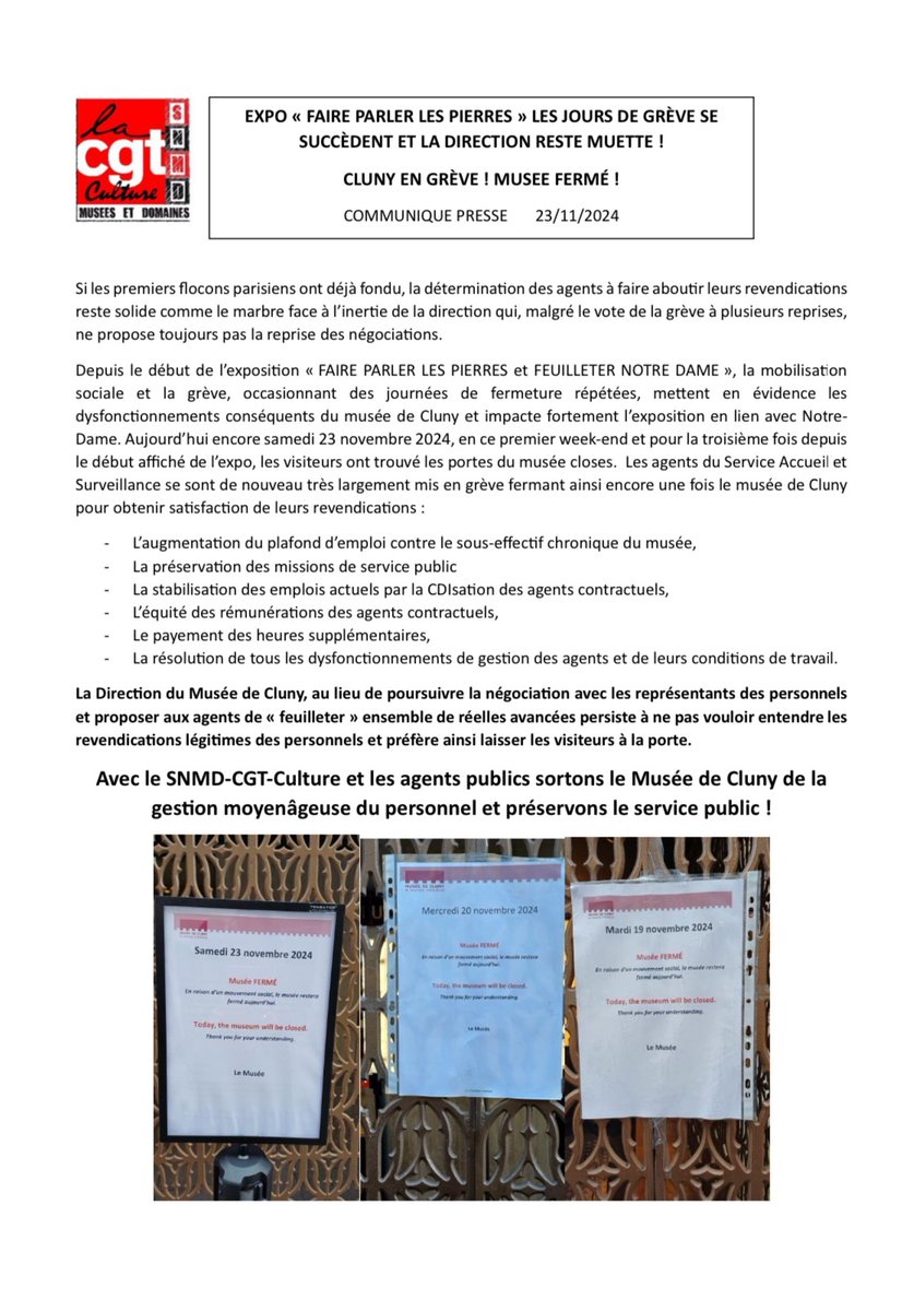 3ème jour de fermeture pour l expo "Faire parler les pierres" au musée de Cluny. 

Direction muette, agents en grève, musée fermé !
