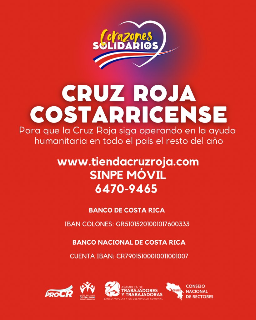 Mediante estos mecanismo también podés aportar desde casa a las personas que se han visto afectadas por las inundaciones de las últimas semanas y a la @cruzrojacrc para que continúe con su noble labor.