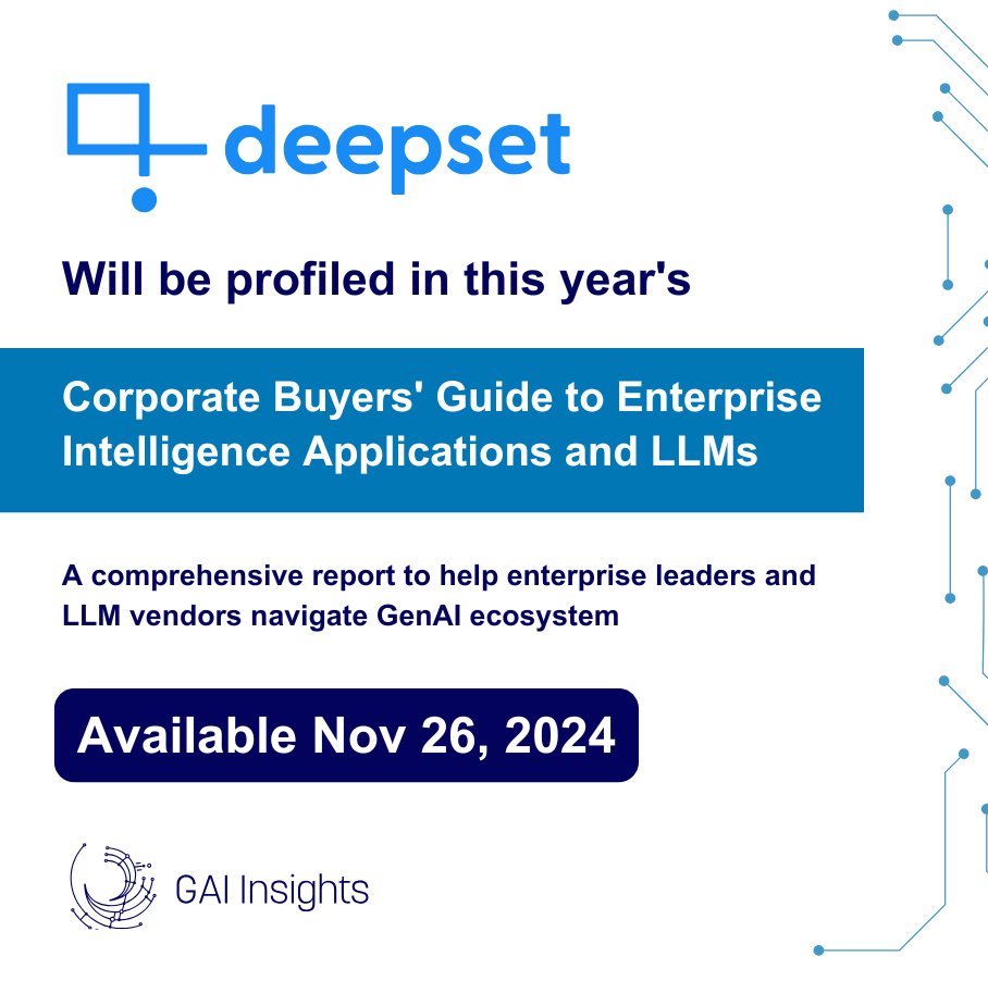 GaIinsights's tweet image. 📢 Big news! GAI Insights&apos; Corporate Buyers&apos; Guide to EIA is coming soon!

🌟 Featuring DeepSet, creators of Haystack, transforming question-answering &amp;amp; semantic search with domain-specific NLP solutions. 🚀

🎥LinkedIn Live event for insights- hubs.li/Q02Zg8fc0

#DeepSet