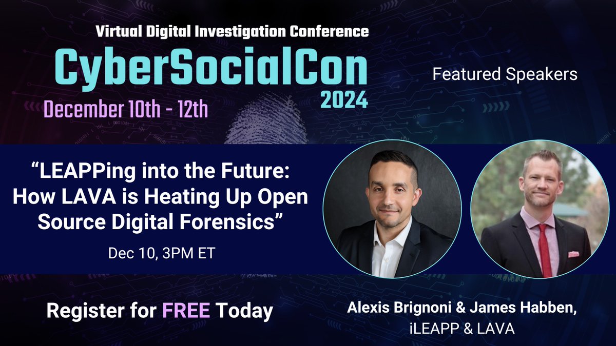 The LEAPPs are vital for digital forensic investigators analyzing data from mobile devices, search warrant returns &amp; vehicles. Join Alexis Brignoni &amp; <a href="/JamesHabben/">James Habben</a> for a preview of LAVA, a new format to simplify parsed data handling. Register FREE: csh.social/CSC2024s #DFIR