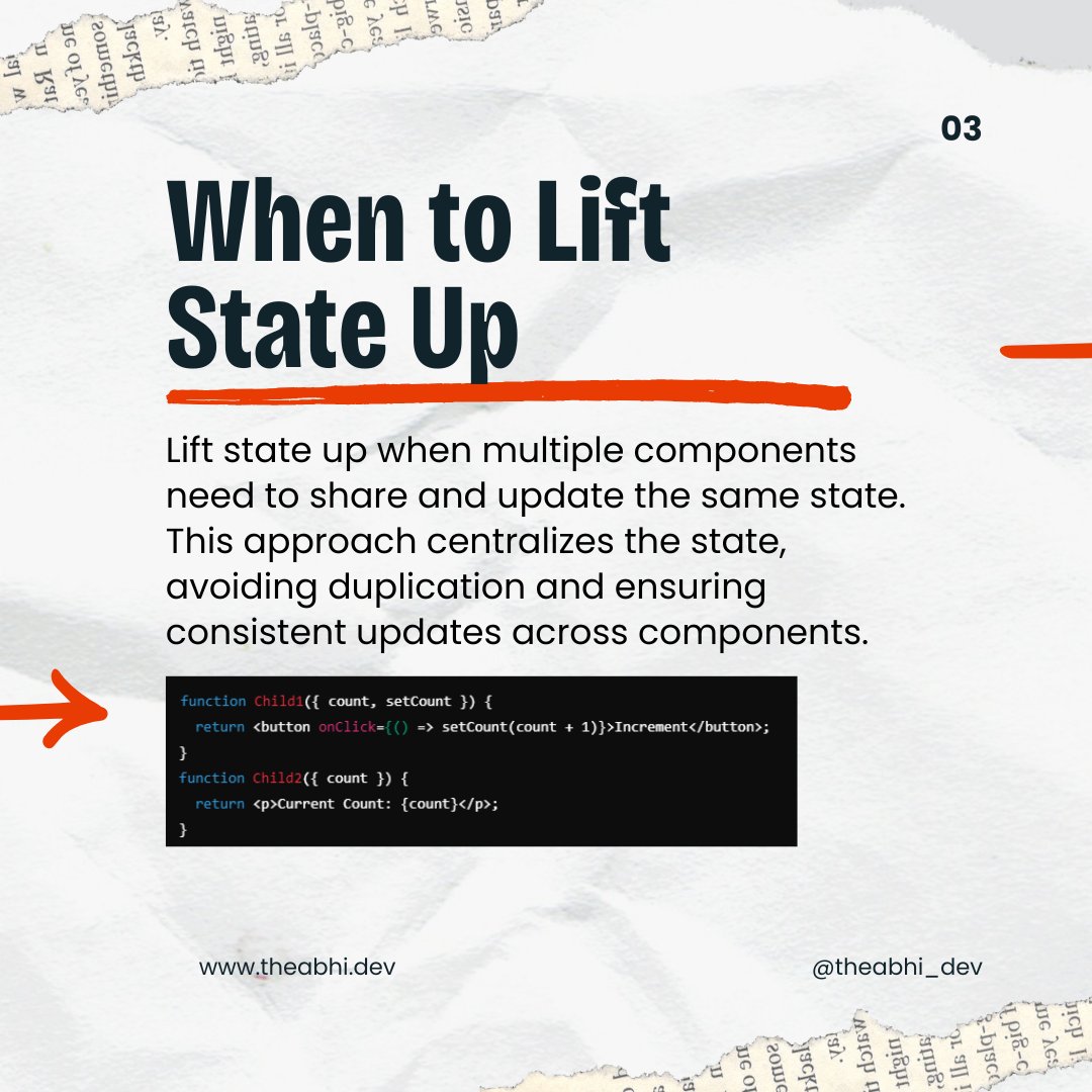 theabhi_dev's tweet image. Master advanced state management with lifting state up in React! 🚀 Learn how to manage shared state across components and avoid prop drilling. 💡 #LiftingStateUp #ReactStateManagement #MERNChallenge