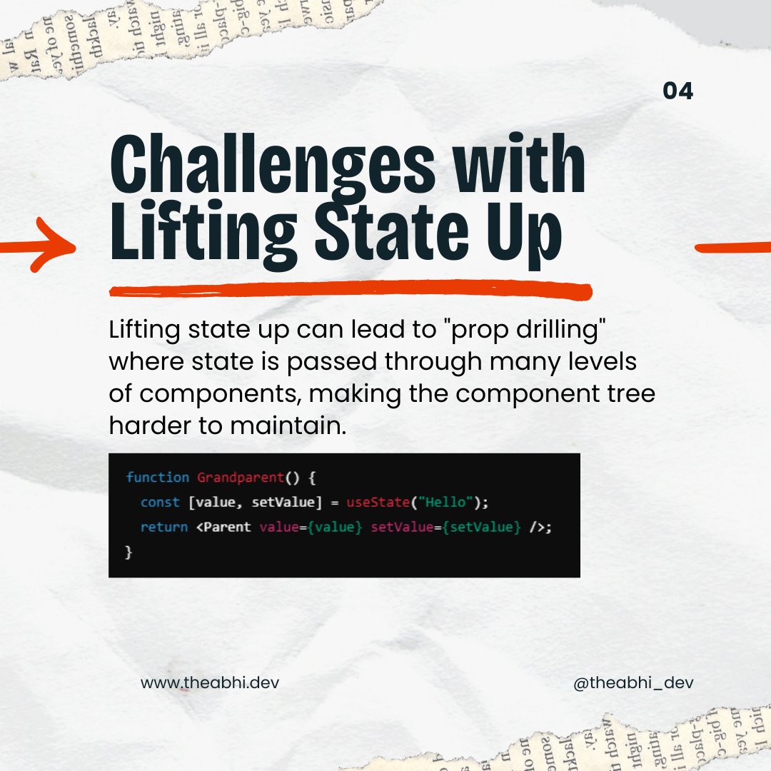theabhi_dev's tweet image. Master advanced state management with lifting state up in React! 🚀 Learn how to manage shared state across components and avoid prop drilling. 💡 #LiftingStateUp #ReactStateManagement #MERNChallenge