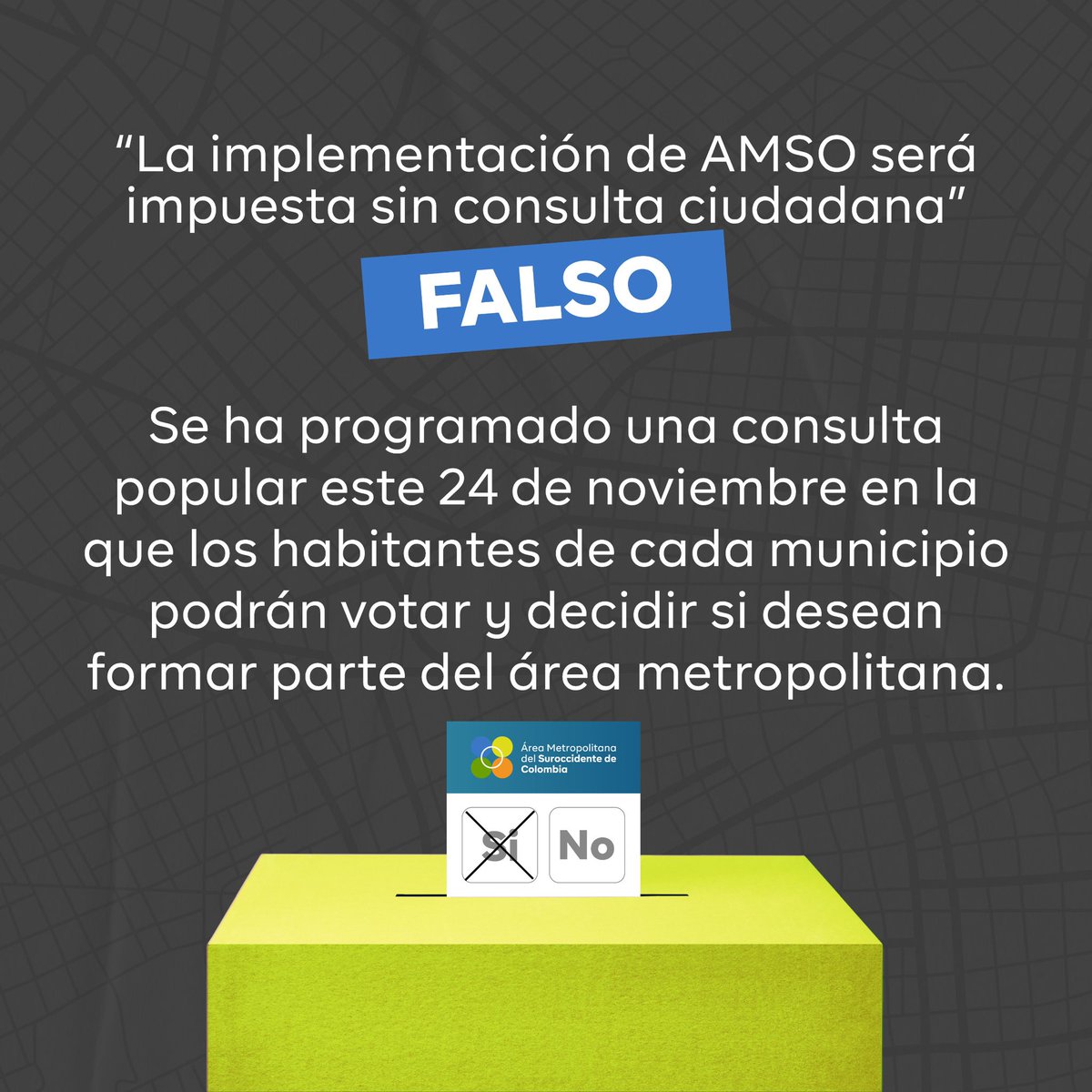 ¡Estamos a un SÍ de que ganemos todos!🫡

No comas cuento y salí mañana domingo 24 de noviembre a votar Sí a la creación del Área Metropolitana del Suroccidente Colombiano #AMSO.🗳️

#UnSíQueConecta