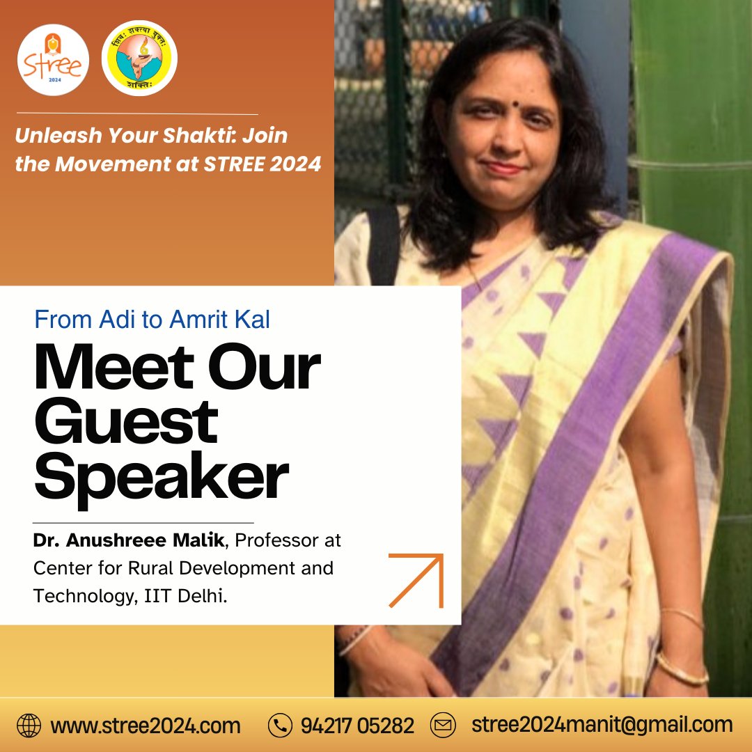 stree2024's tweet photo. We are honored to have Prof. Anushree Malik, Institute Chair Professor at the Centre for Rural Development and Technology, IIT Delhi, join us at STREE 2024!

Join us at STREE 2024, 6th-8th Dec, MANIT, Bhopal.

@iitdelhi @MANITBHOPAL1 @shaktibharatorg @IndiaDST @EduMinOfIndia https://t.co/EHA53BY97a