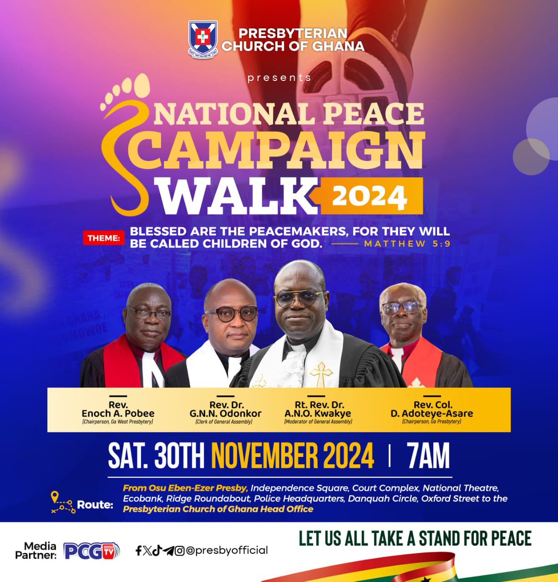 ga_ypg's tweet photo. Join the PCG in the National Peace Campaign Walk  2024! 🕊️

Date: 30th November 2024
Time: 7:00AM
Route: From Osu Eben-Ezer Presby to the PCG Head Office

Theme: Blessed are the peacemakers, for they will be called children of God - Matthew 5:9

Let us all take a stand for peace! https://t.co/cqyTTXD3Md