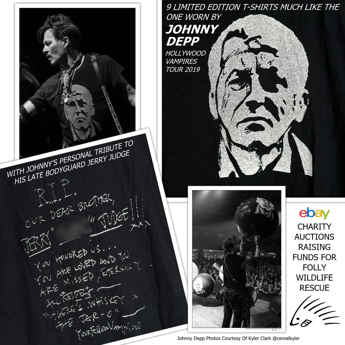 FollyWildlife's tweet photo. ** CHARITY EBAY AUCTIONS ** LIMITED EDITION JERRY JUDGE T-SHIRTS ** Much Like The One Worn By Johnny Depp On The Hollywood Vampires 2019 Tour ** Auctions Run From 23rd - 28th November **
Johnny Depp’s team have kindly donated 9 Jerry Judge T-Shirts to help raise funds for Folly. The front of the T-Shirts feature a striking design by Jason Forman. On the back, a tribute to #jerryjudge, the late bodyguard of #JohnnyDepp. Only 200 shirts were printed and distributed amongst #hollywoodvampires crew, band members, friends and family during their 2019 tour. We are listing the last ones available.
You can find these international auctions on Folly's #Charity #eBay page starting at only 99p each (they go live between 1pm – 9pm UK Time) :
https://t.co/hvXFPSKE8n
All proceeds from the T-Shirts will go 100% towards helping UK #wildlife in need.
Johnny Depp photos courtesy of Kyler Clark @CerealKyler Photography
#RIPJerryJudge #JerryJudge
