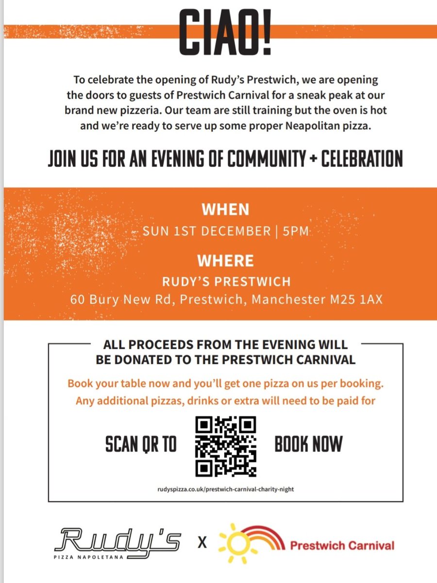 Prestwich Carnival 2025 (@prestwichcarni) on Twitter photo FREE pizza per booking for supporters of #Prestwich Carnival at Rudy's Prestwich on Sunday 1 Dec, 5pm
PROCEEDS ON THE NIGHT ARE IN AID OF PRESTWICH CARNIVAL!
rudyspizza.co.uk/prestwich-carn
Only a few tables left
<a href="/PwichArtsFest/">Prestwich Arts Festival</a> <a href="/ForumPrestwich/">Prestwich Village Forum</a> <a href="/BuryTimes/">Bury Times</a> <a href="/JosephHolt1849/">Joseph Holt Brewery</a> <a href="/So_Prestwich/">So Prestwich</a> FREE pizza per booking for supporters of #Prestwich Carnival at Rudy's Prestwich on Sunday 1 Dec, 5pm
PROCEEDS ON THE NIGHT ARE IN AID OF PRESTWICH CARNIVAL!
rudyspizza.co.uk/prestwich-carn
Only a few tables left
<a href="/PwichArtsFest/">Prestwich Arts Festival</a> <a href="/ForumPrestwich/">Prestwich Village Forum</a> <a href="/BuryTimes/">Bury Times</a> <a href="/JosephHolt1849/">Joseph Holt Brewery</a> <a href="/So_Prestwich/">So Prestwich</a>