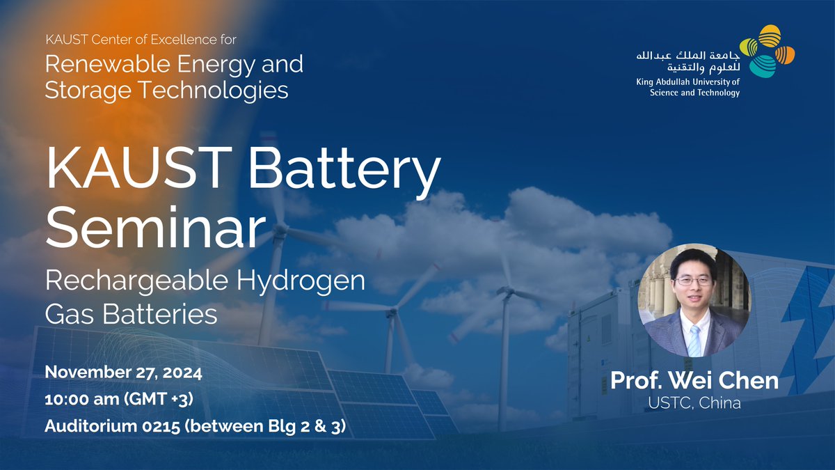 Join us for the 1st seminar at the Center for Renewable Energy and Storage Technologies (CREST) at #KAUST! Prof. Wei Chen (KAUST Ph.D '13) will present the latest advancements in rechargeable hydrogen gas batteries for grid-scale energy storage
Learn more kaust.edu.sa/en/research/re…