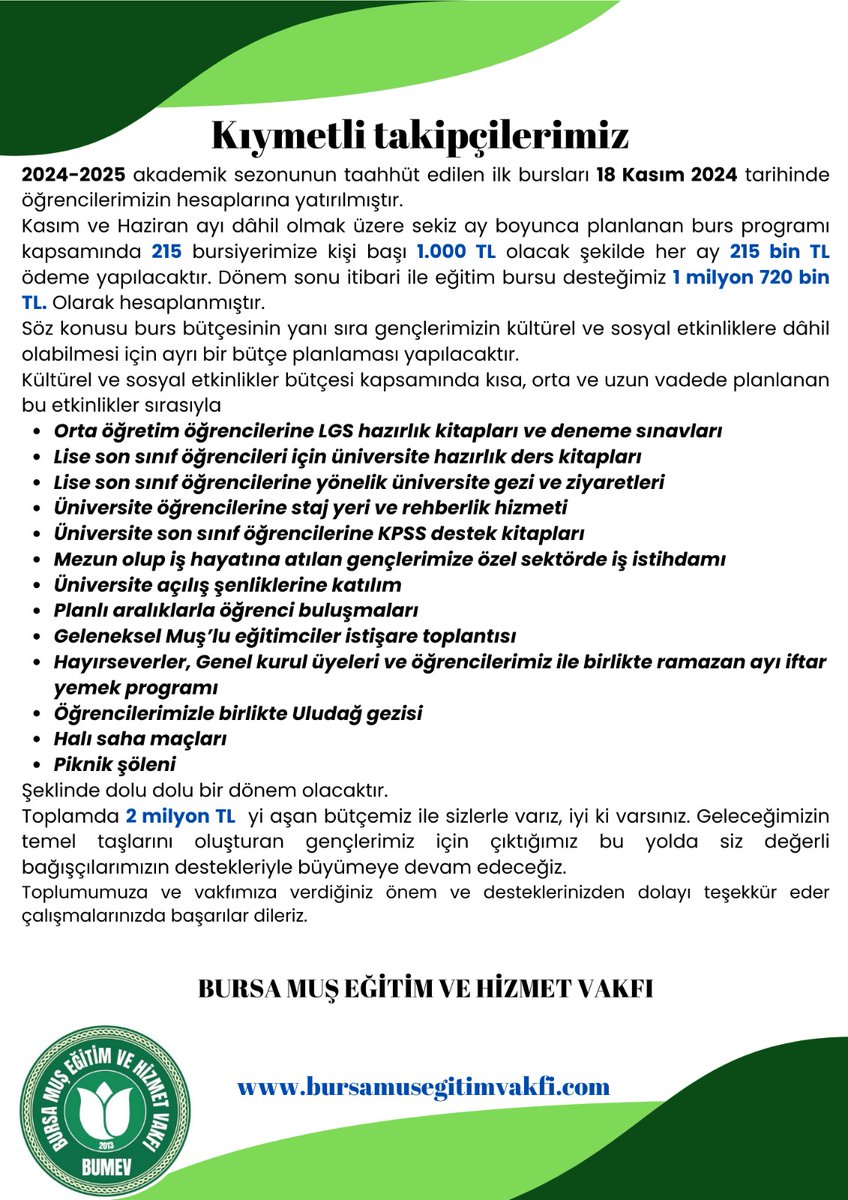 Bursa Muş Eğitim ve Hizmet Vakfı 2024 - 2025 Bursyer  sayısı ve burs miktarı