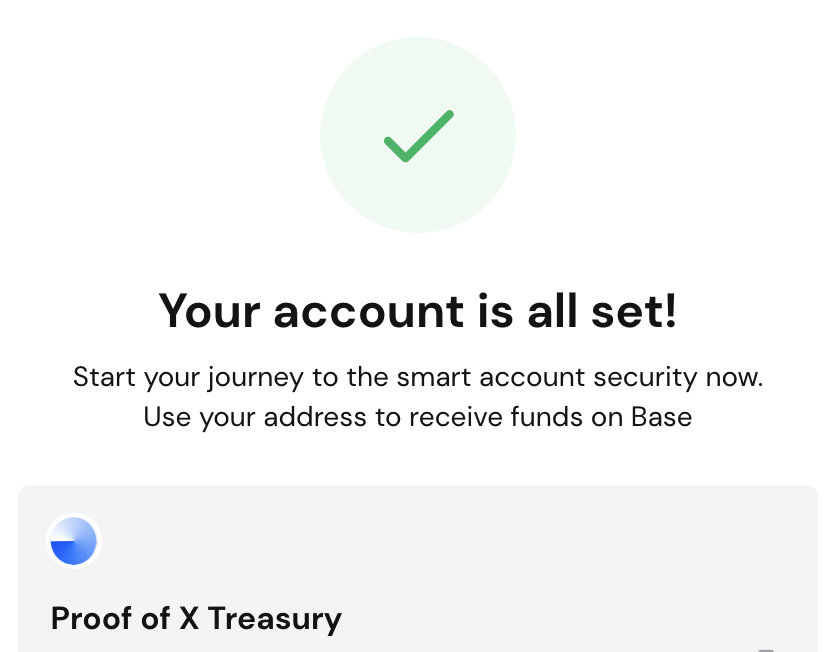 Proof of X Treasury is now deployed on <a href="/base/">Base</a> and ready to start moving assets and deploy protocols.
Future is bright blue.
Thanks to <a href="/safe/">Safe.eth</a> for providing such an incredible multi network/signer addresses.