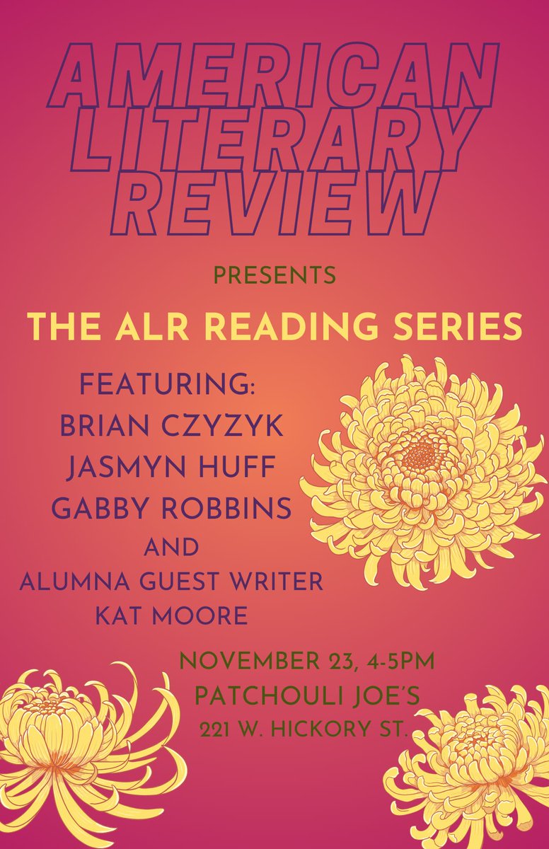 ALitReview's tweet image. Join us today for our ALR reading series featuring managing editor @bczyzykwrites, as well as UNT grad students and ALR staff: Jasmyn Huff, Gabby Robbins, along with alumna guest writer, @inabluefog!