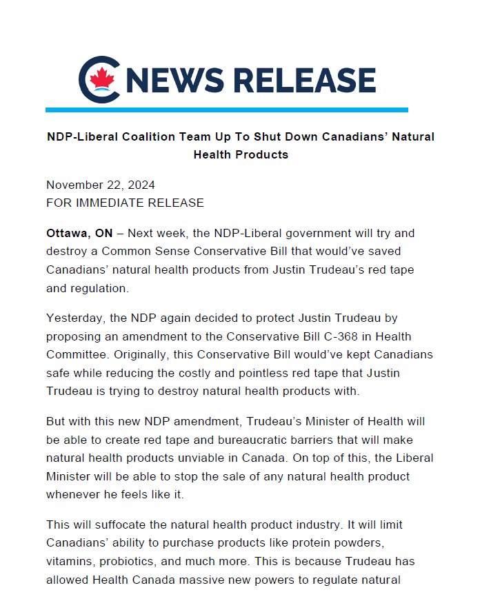 ToddDohertyMP's tweet photo. 🚨BREAKING🚨

The NDP-Liberal coalition is trying to take away your Natural Health Products.

Next week, the NDP has a choice: they can either stand with Trudeau as he regulates a $13 billion industry out of existence, or they can side with common sense.

#BillC368 #cdnpoli https://t.co/z6QuqTkPTm