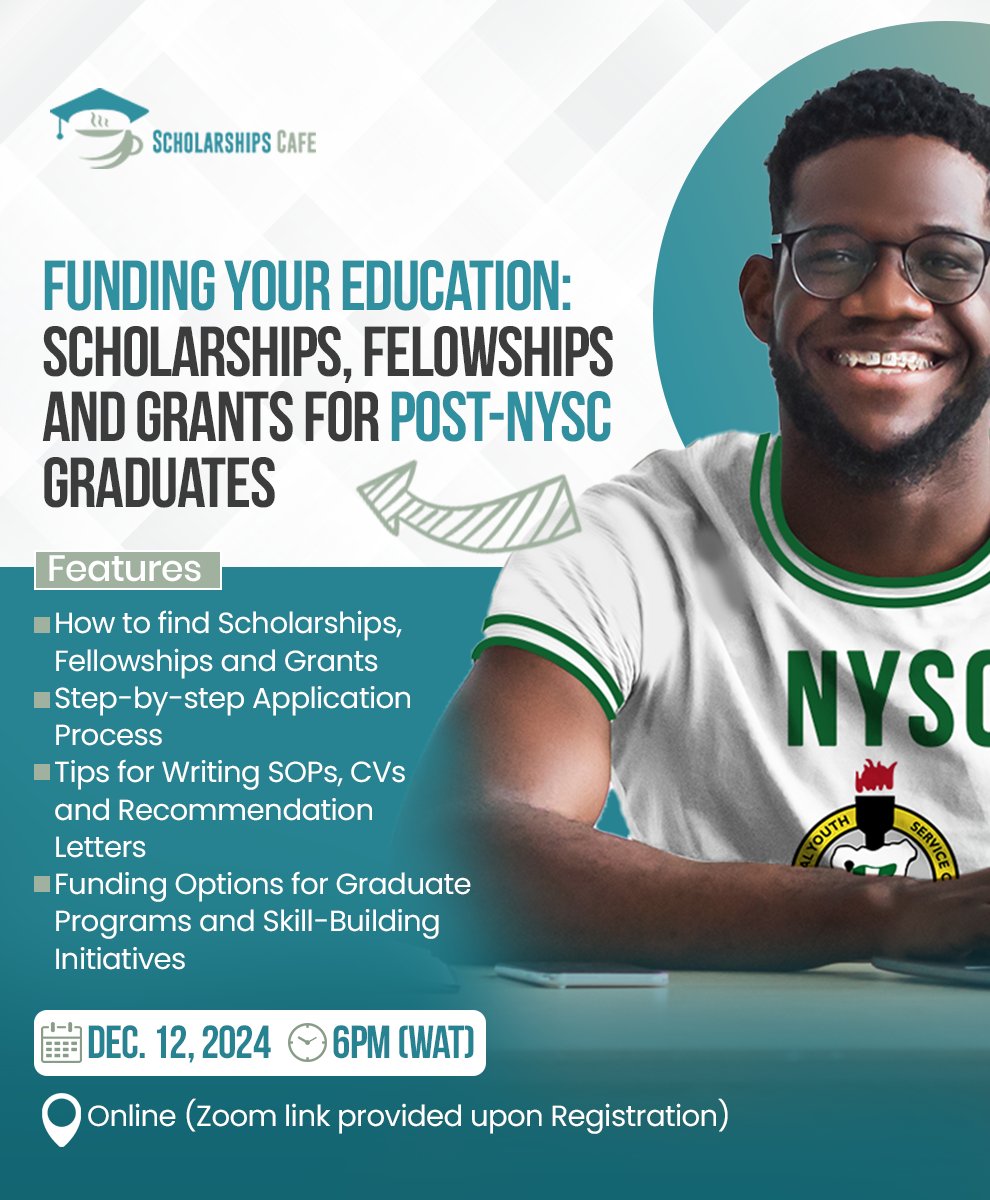 olumuyiwaayo's tweet photo. 🚀 Are you a recent graduate or currently in the NYSC scheme? Ready to explore global opportunities? 🌍

Join our fireside chat on securing international scholarships, and career advancement. Don't miss out on this chance to unlock your global potential!

Sign up via https://t.co/KsoyjTdbZS