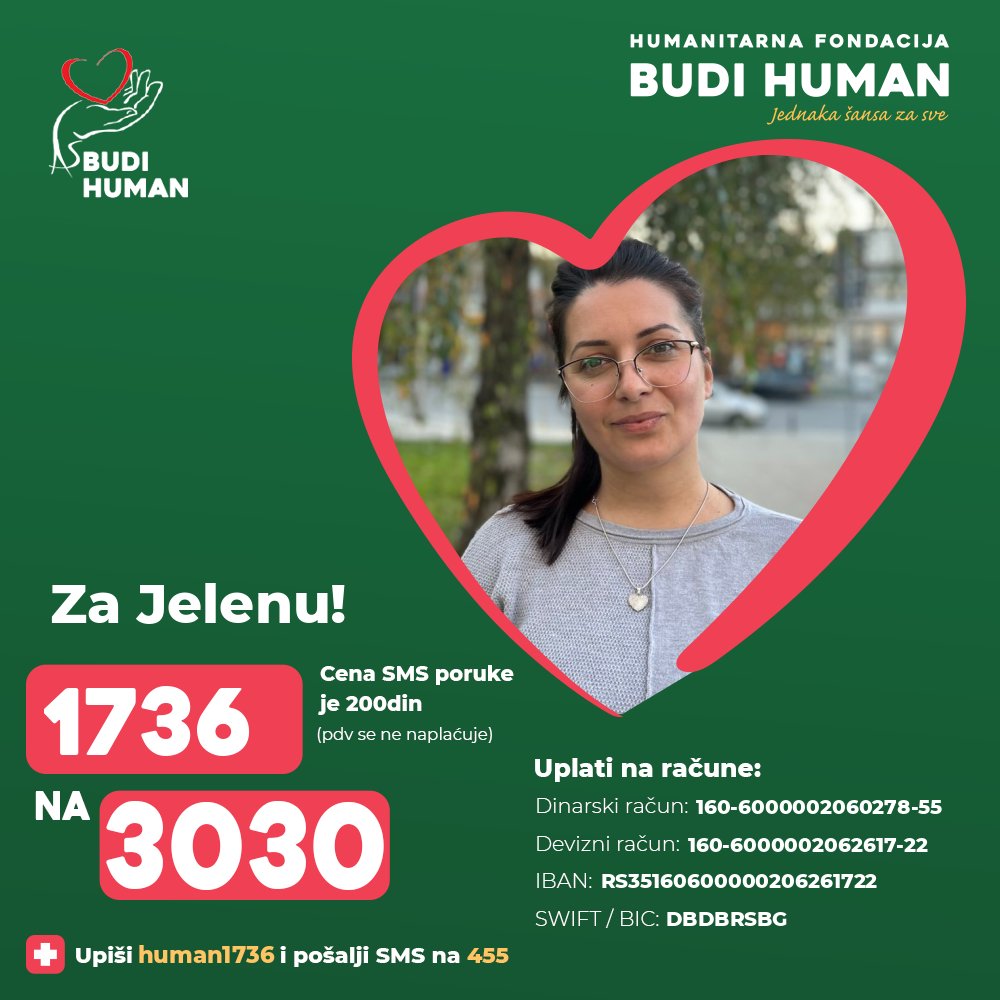 budihuman's tweet photo. Pomozimo Jeleni!

Upišimo 1736 i pošaljimo SMS na 3030

https://t.co/6q5zQ2X5pL

#budihuman #jednakašansazasve https://t.co/T13zxEFVxY