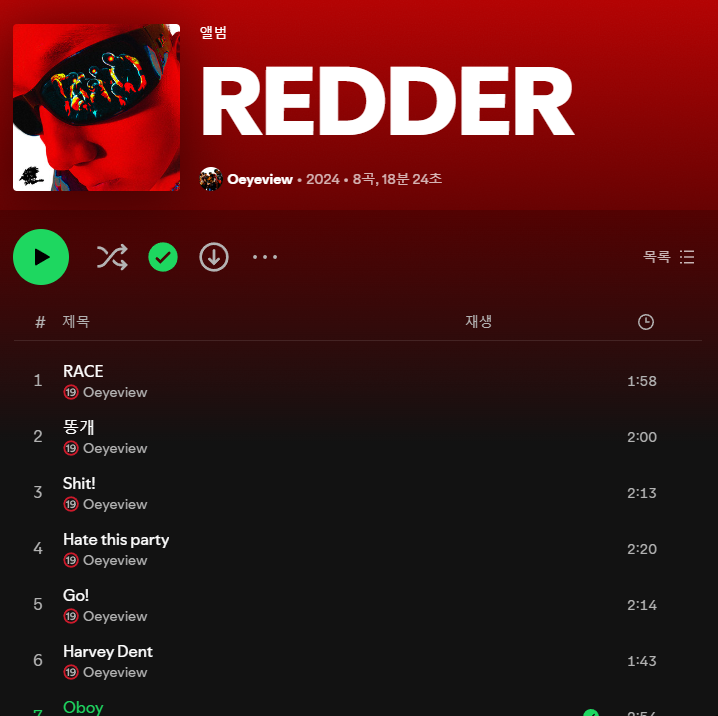 oeyeview's tweet photo. ‘𝗥𝗘𝗗𝗗𝗘𝗥’ EP out now 🐦🐦
1. RACE
2. 똥개
3. Shit!
4. Hate this party
5. Go!
6. Harvey dent
7. Oboy
8. RUN

#redder #oeyeview https://t.co/tHNMFGSu1p