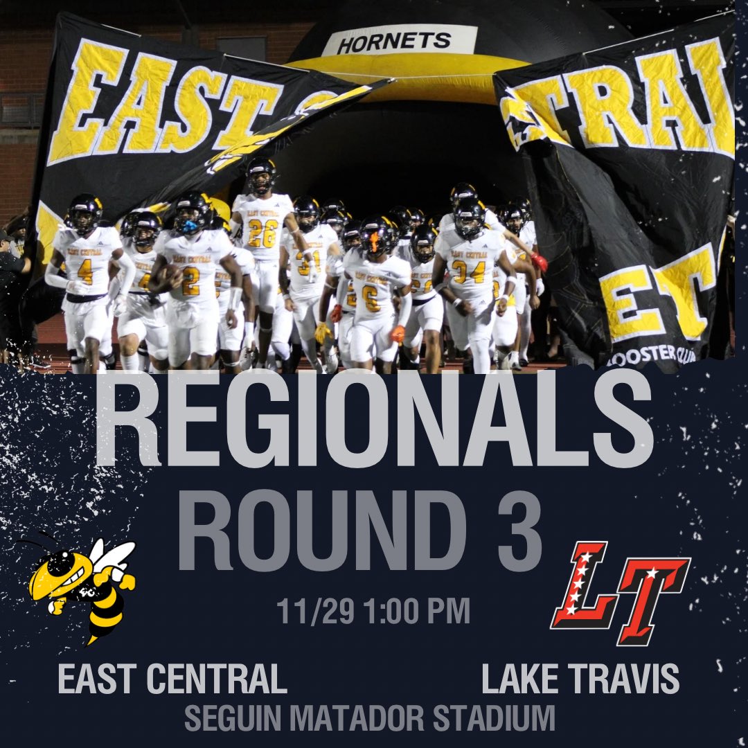ECHS Hornet Athletics (@_ecathletics) on Twitter photo 💛🖤🐝🏈 EC Hornet Football in Round 3 Regionals of the 2024 UIL Texas Football State Championships! 🔥
EC vs Lake Travis on Friday 11/29 - 1:00pm - Seguin Matador Stadium!
Ticket info coming soon.
<a href="/ECISDtweets/">East Central ISD</a> <a href="/_ECFootball/">EC Hornet Football</a> <a href="/booster_ec/">EC ATHLETIC BOOSTER CLUB</a> <a href="/ArriolaSuzette/">Suzette Arriola</a> <a href="/maggiwelham/">Coach Welham</a> <a href="/joehubb74/">Coach Hubb</a> 💛🖤🐝🏈 EC Hornet Football in Round 3 Regionals of the 2024 UIL Texas Football State Championships! 🔥
EC vs Lake Travis on Friday 11/29 - 1:00pm - Seguin Matador Stadium!
Ticket info coming soon.
<a href="/ECISDtweets/">East Central ISD</a> <a href="/_ECFootball/">EC Hornet Football</a> <a href="/booster_ec/">EC ATHLETIC BOOSTER CLUB</a> <a href="/ArriolaSuzette/">Suzette Arriola</a> <a href="/maggiwelham/">Coach Welham</a> <a href="/joehubb74/">Coach Hubb</a>