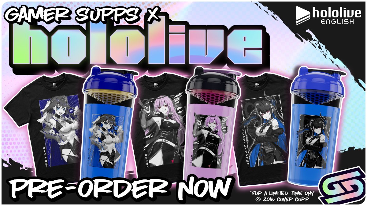 Gamer Supps® (@gamersupps) on Twitter photo VERY excited for our first official collab with <a href="/hololive_En/">hololive production (English)</a>
We are GIVING away cups and shirts to five lucky winners
rt + comment which cup you want to win
<a href="/moricalliope/">Mori Calliope💀holoEN</a>
<a href="/ourokronii/">Ouro Kronii⏳holoEN</a>
<a href="/nerissa_en/">Nerissa Ravencroft🎼holoEN</a> VERY excited for our first official collab with <a href="/hololive_En/">hololive production (English)</a>
We are GIVING away cups and shirts to five lucky winners
rt + comment which cup you want to win
<a href="/moricalliope/">Mori Calliope💀holoEN</a>
<a href="/ourokronii/">Ouro Kronii⏳holoEN</a>
<a href="/nerissa_en/">Nerissa Ravencroft🎼holoEN</a>