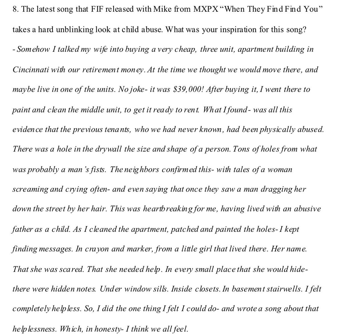 <a href="/CalebTheSpy/">Caleb The Spy and the Album Anniversary Podcast</a> <a href="/fiveironfrenzy/">Five Iron Frenzy</a> <a href="/mikeherreraTD/">Mike Herrera</a> This song hits me hard every time. I interviewed Reese for a paper I wrote in grad school, it was about a year and a half ago, here is his backstory about the song’s inspiration.