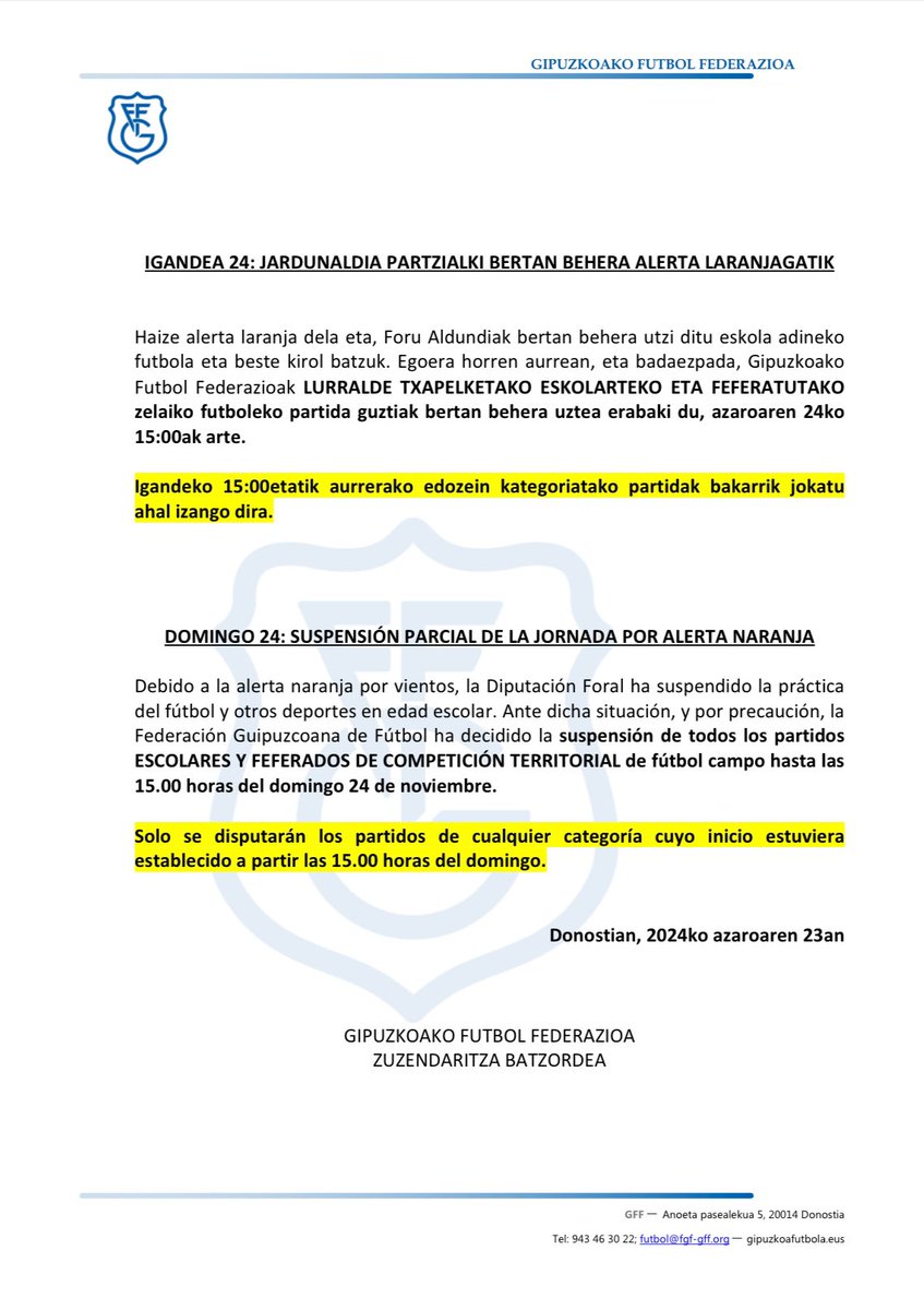 gipuzkoafutbola's tweet photo. 🚨🟠 AZAROAK 24: JARDUNALDIA PARTZIALKI BERTAN BEHERA ALERTA LARANJAGATIK

🚨🟠 24 DE NOVIEMBRE: SUSPENSIÓN PARCIAL DE LA JORNADA POR ALERTA NARANJA https://t.co/7MCOloqhkp