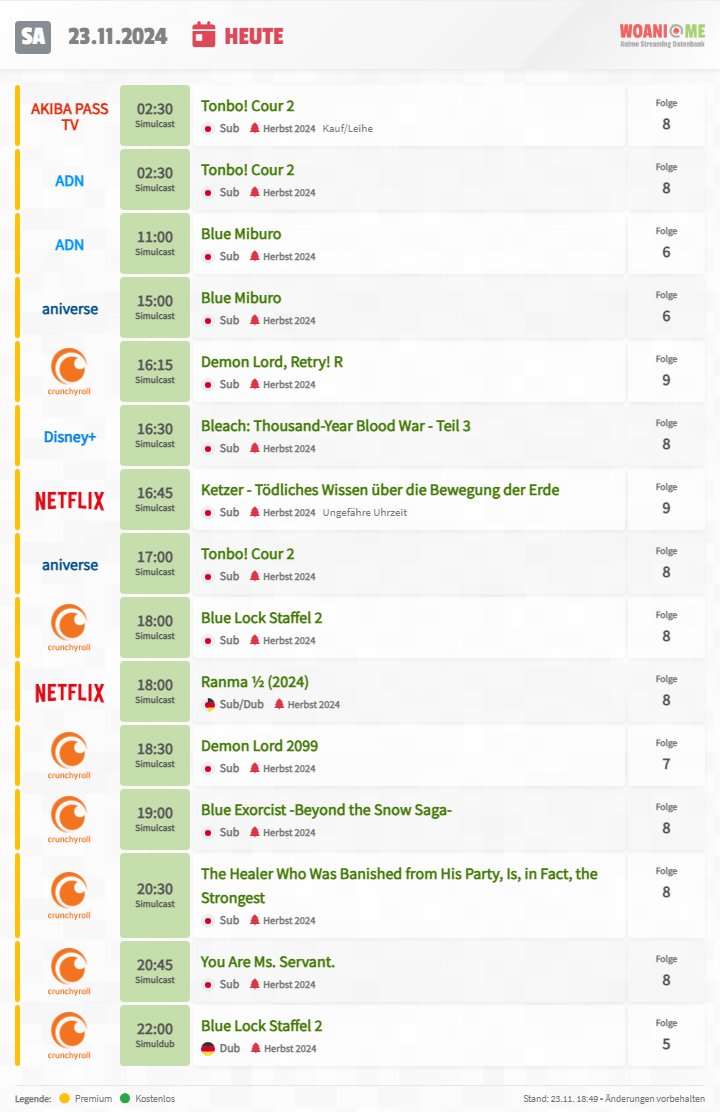 woani_me's tweet photo. Das #Anime #Streaming Programm für Samstag, den 23.11.

Heute u.a. mit #DemonLordRetry, #Bleach und #DemonLord2099! https://t.co/iQoVhwfXSS