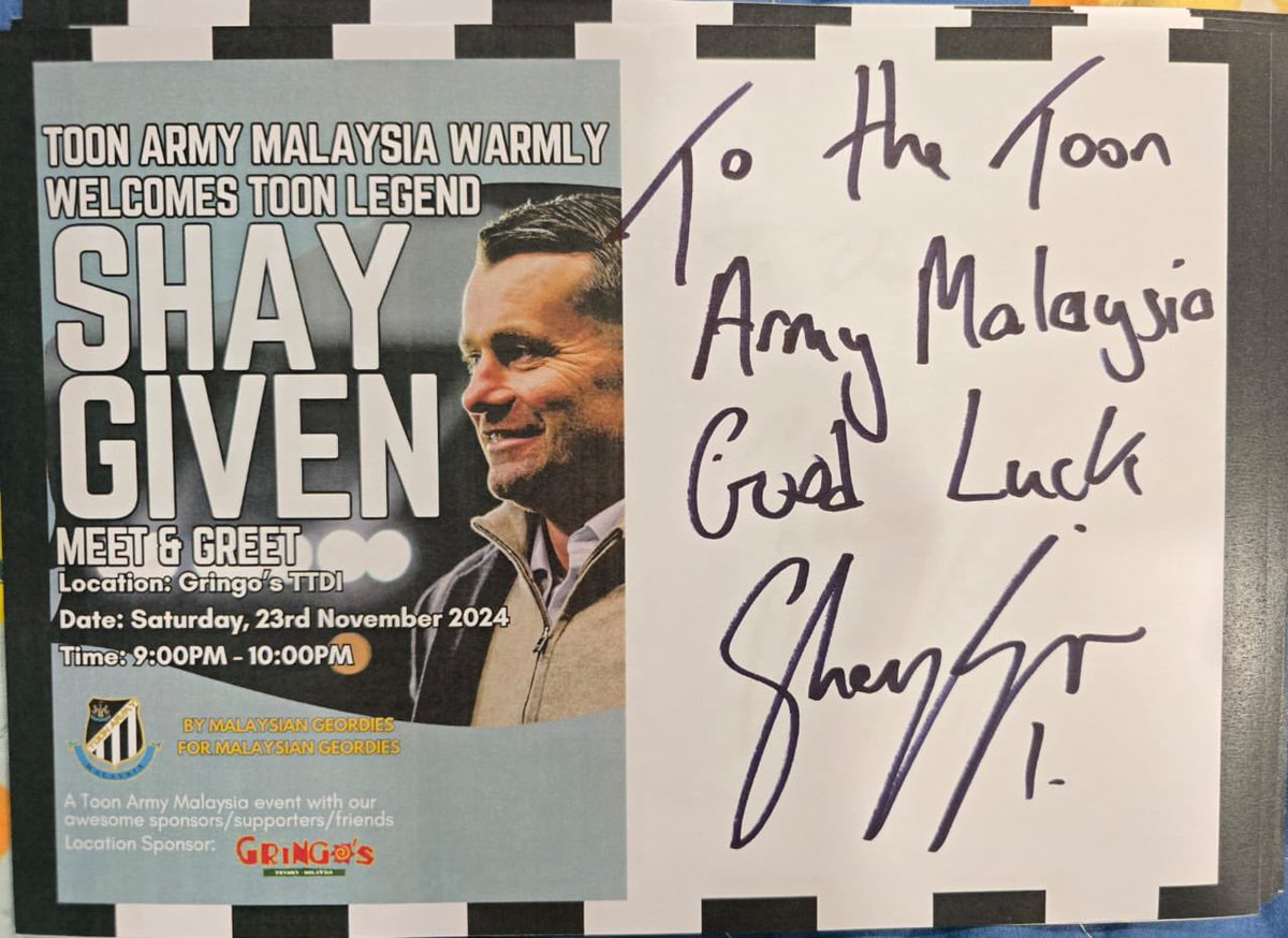 ToonArmyMY's tweet photo. @ToonArmyMY welcomes @NUFC ’s legend, @No1shaygiven for a night to remember!
With every save, SG didn’t just stop goals; he won hearts. A true legend of the game!
🖤🤍
*thanks @stadiumastro
#ToonArmyMalaysia
#NewcastleUnited
#ShayGiven https://t.co/UWsngPHfkQ