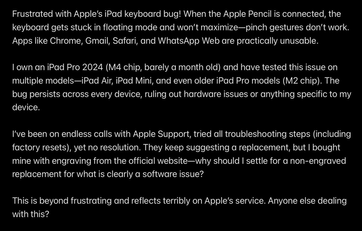 sanjanagavand's tweet image. Endless calls with @AppleSupport factory resets, testing every iPad model—and this floating keyboard glitch is still an ‘unexpected case’? Unacceptable @Apple
#iPad #iPadPro #KeyboardIssue #ApplePencilPro #DoBetterApple