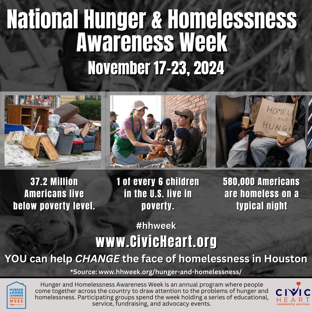 Hunger &amp; Homelessness Awareness Week is designed to educate the community and to draw attention to issues of poverty, hunger, and homelessness.

#civicheart #houston #htx #thirdward #nonprofit #homeless #charity #poverty #hunger #community #hhweek