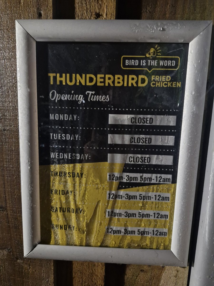 Good evening! 
This is just an update to say that the Thunderbird Chicken stand opens at 5pm Saturday and Sunday until 12am. This is just in case you get there between 3pm-5pm and wonder why it's closed!
