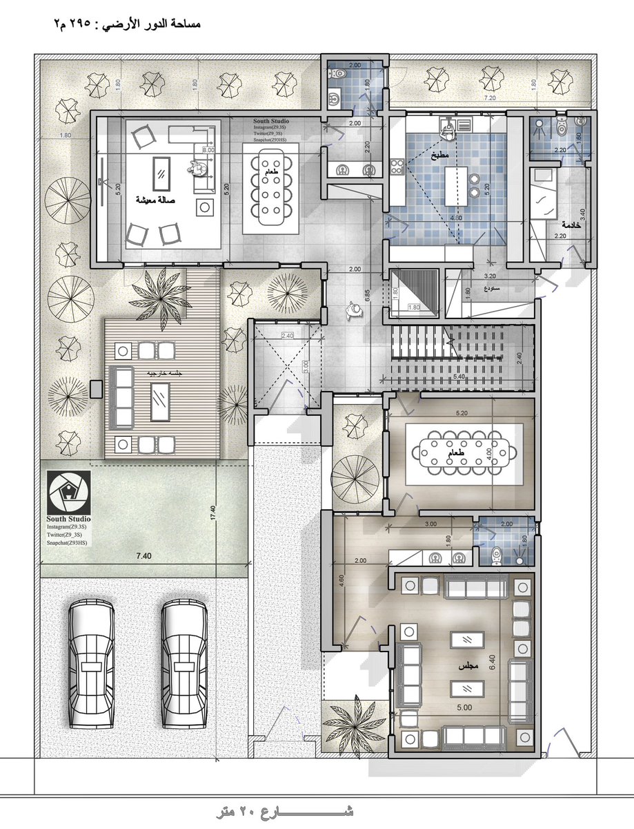 فيلا  .. حرف L كل زوايه فيها جماليه وامتداد بصري .

أرض في الإسكان ابعادها : ٢٠ * ٢٥ م

مساحة البناء  :- 
الدور الارضي : ٢٥٠ +٤٥ م بروز غرفة الماستر 
الدور الاول : ٢٣٠ م
 
 فكرة التصميم 💡:
ركزنا على حركة العائله ابتداء من المداخل الرئيسي وصنع الجماليه فيه بالدبل هاي والامتداد
