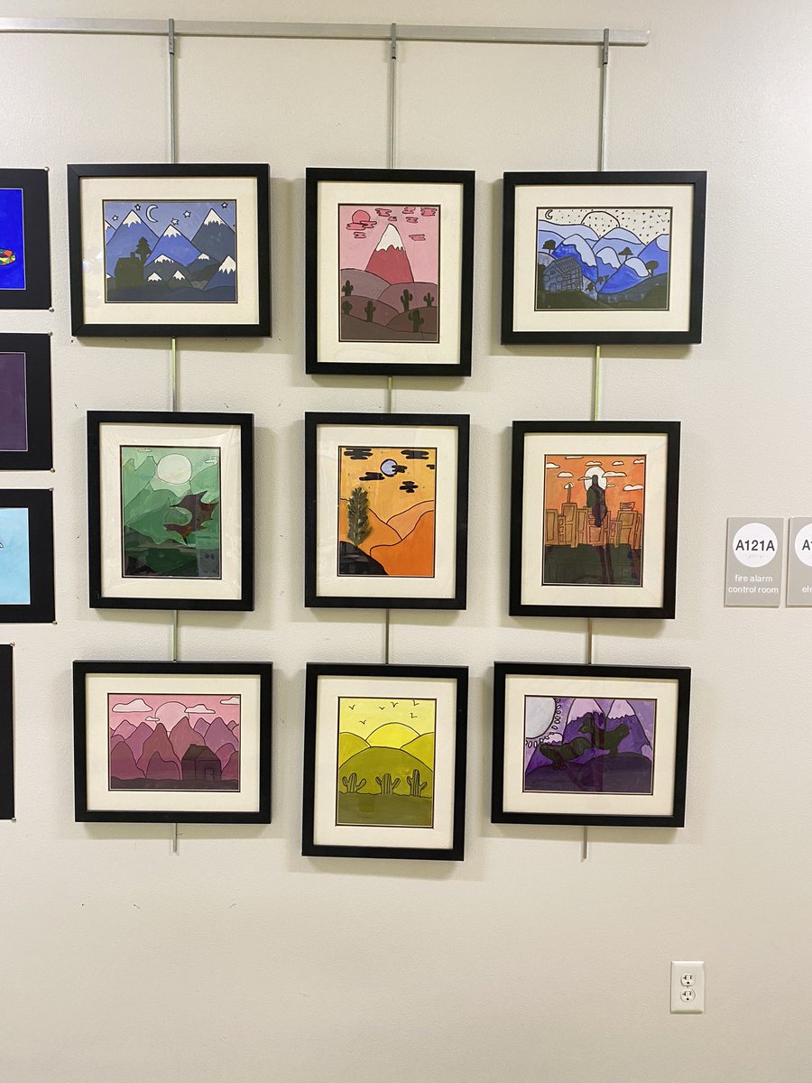 Nothing like getting new art up on the wall. These are from our Colorful Silhouettes and Monochromatic Landscape projects with 5th grade! They learned so much about creating value with color gradients and showing precision in their paintings. So proud of how these came out! ✨💖