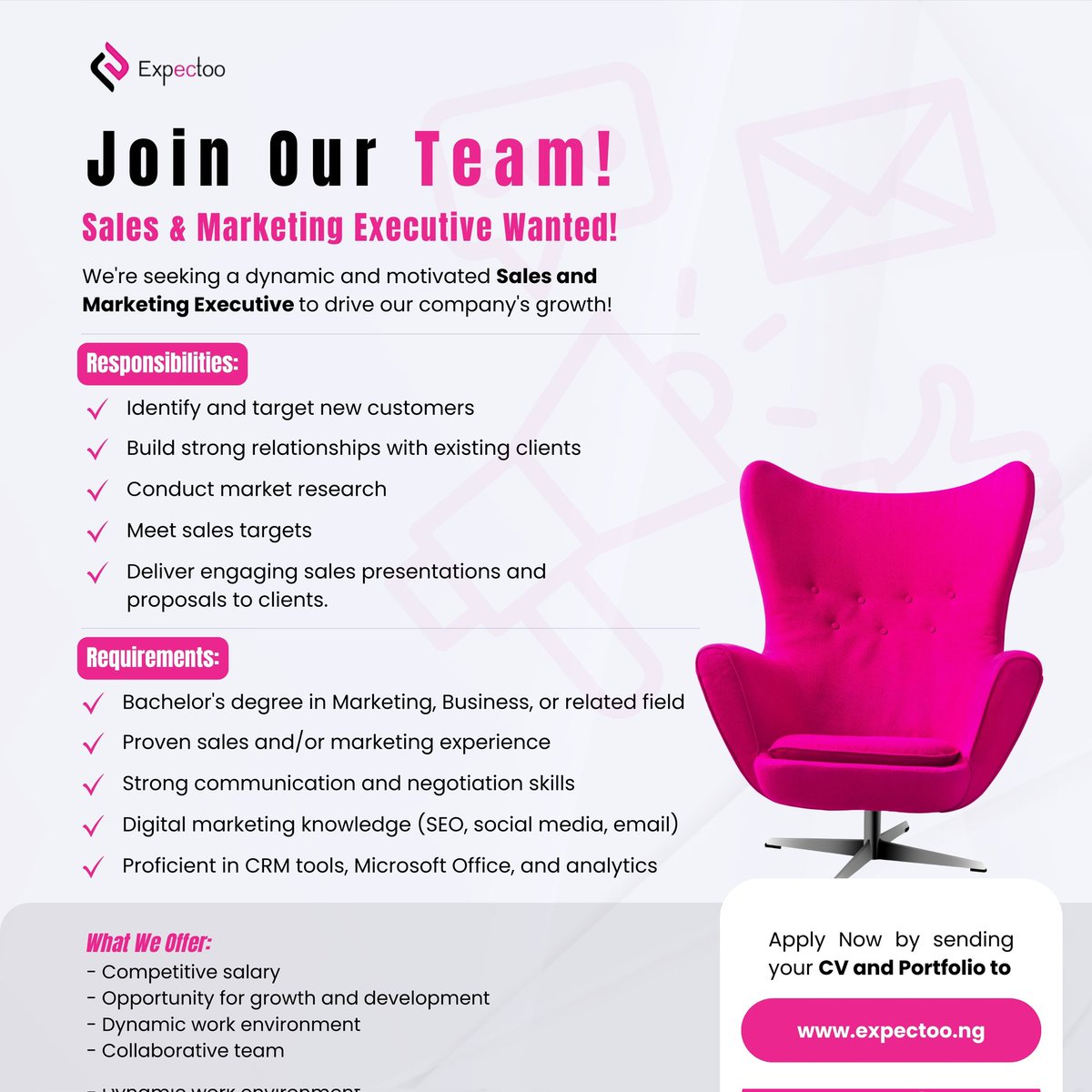 expectoo_ng's tweet photo. We are Hiring! 📢 📢
Want to be part of a dynamic team?

Expectoo is looking for talented professionals! Send resume to https://t.co/cvtftIyFdg

#ExpectooCares #JobChallenges #ARSNFO Saka Odegaard Nwaneri #recruitment #hiringnow https://t.co/neyw51gUOE