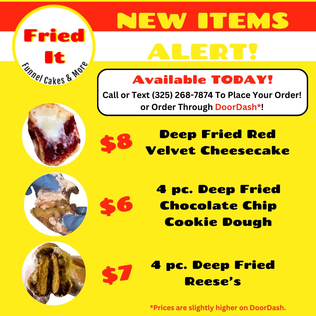 FriedIt3's tweet photo. Fried Fam, we’re leveling up your cravings with 3 NEW ITEMS! 😍✨

🔥 Deep Fried Red Velvet Cheesecake
🍫 Deep Fried Chocolate Chip Cookie Dough
🥜 Deep Fried Reese’s

Your sweet tooth won’t stand a chance! Order now and try them all. #FriedItFam #NewOnTheMenu #FairFoodFavorites https://t.co/PGkdzWub4I