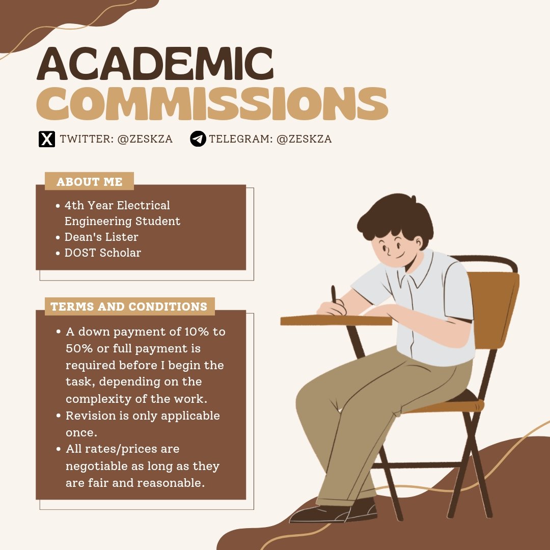 zeskza's tweet photo. Hello! I am accepting rush &amp; non-rush academic commissions.

Refer someone who needs help, and you'll earn a percentage too.

📚 Autocad, 3d design, programming, ppt, infographics, electrical engineering,  floorplan, thesis prototype, revisions, dialux, sketchup, matlab, arduino https://t.co/6SFYNGv84l